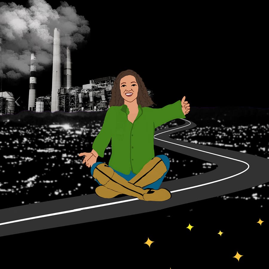 City scene with a factory in the top left corner, emitting clouds of smoke. A woman facilitator sits cross legged on a road leading away from the city with her arms wide open, inviting us on a journey into the future.