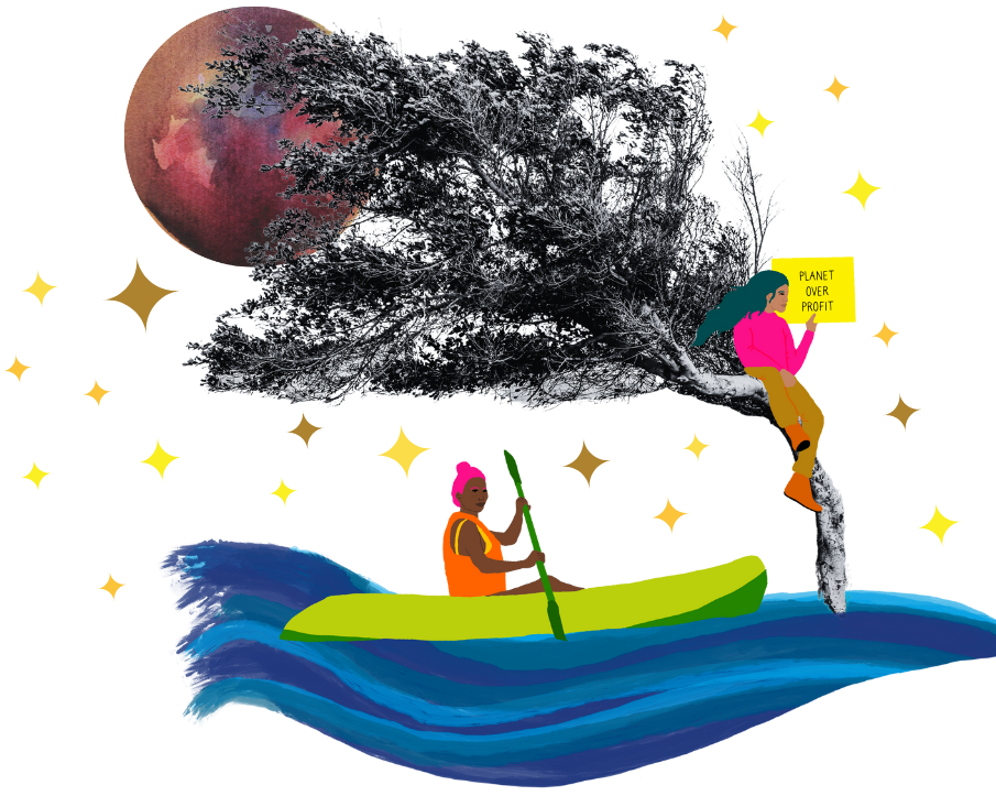 A woman sitting in a tree with a sign that reads "Planet Over Profit." A woman in a kayak rows beside her. A colourful moon sits behind the tree with stars all around.