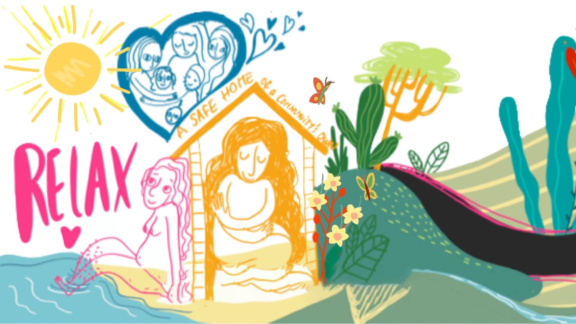 An illustration of a woman in a house and a family of women in a heart surrounded by colourful plants and sun.